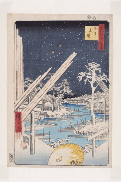 Fukagawa Lumberyards (Fukagawa Kiba) (värillinen puupainatus) tekijältä Ando or Utagawa Hiroshige