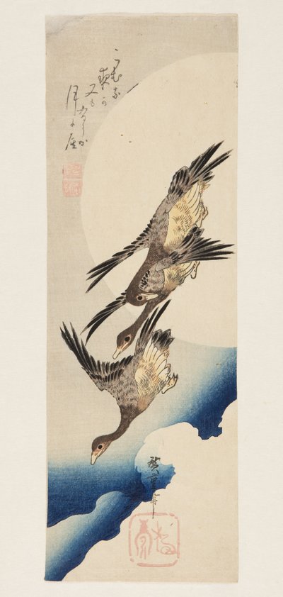 Hanhet lentävät yli täyskuun (värillinen puupainatus) tekijältä Ando or Utagawa Hiroshige