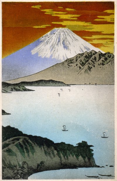 Maantiede. Japani. Auringonnousu Fuji-vuorella. Hiroshigen puupiirros teoksessa: Fifty Three Stations of the Tokaido (1833-1834). Postikortti, Japani, n. 1900 (postikortti) tekijältä Ando or Utagawa Hiroshige