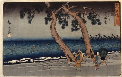 Hamamatsu Station (värillinen puupainatus) tekijältä Ando or Utagawa Hiroshige
