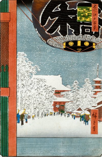 Kinryuzanin temppeli Asakusassa, sarjasta "Sata näkymää kuuluisista paikoista Edossa" tekijältä Ando or Utagawa Hiroshige