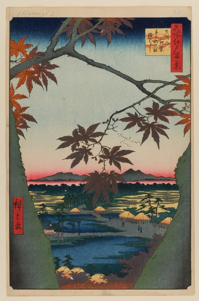 Vaahterapuut Mama, Tekona Shrine ja linkitetty silta tekijältä Ando or Utagawa Hiroshige