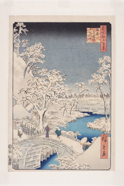 Meguro Drum Bridge ja Sunset Hill (Meguro Taikobashi Y?hinooka) (värillinen puupalikkaprintti) tekijältä Ando or Utagawa Hiroshige