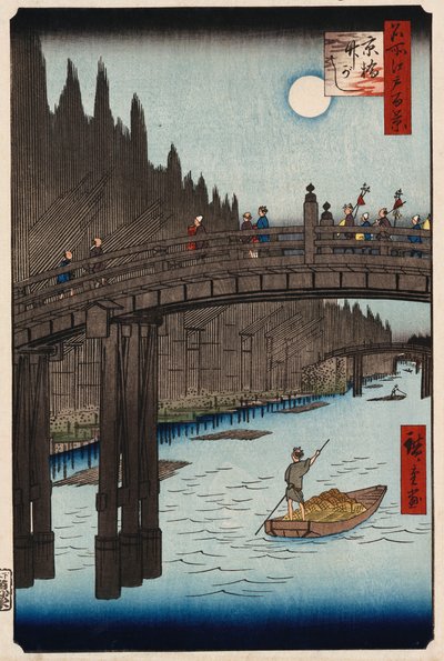"Moon Viewing Pine, Ueno" teoksesta "Sata näkymää kuuluisista paikoista Edossa" tekijältä Ando or Utagawa Hiroshige
