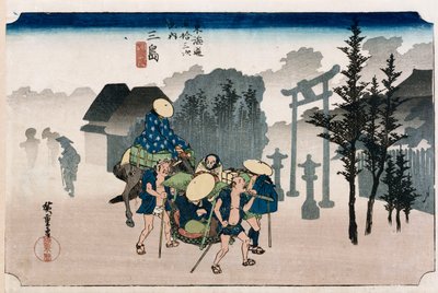 Morning Mist at Mishima", sarjasta "The Fifty-Three Stations of The Tokaido", n. 1834 tekijältä Ando or Utagawa Hiroshige