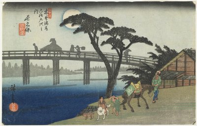 Nagakubo, no.28, sarjasta Sixty-yhdeksän asemaa Kisokaido Highway, 186-38 (värillinen puupalikkapainatus) tekijältä Ando or Utagawa Hiroshige