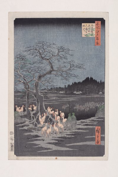 Uudenvuodenaaton kettutuli muuttuvassa puussa, ?ji (?ji Sh?zoku enoki ?misoka no kitsunebi) (värillinen puupainatus) tekijältä Ando or Utagawa Hiroshige