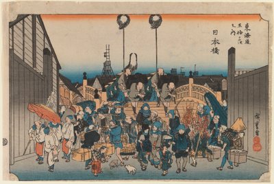 Nihonbashi, teoksesta "The Fifty-three Stations on the Tokaido Highway", n. 1834 (puupainatus) tekijältä Ando or Utagawa Hiroshige