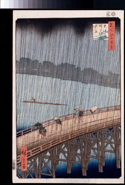 "Ohashi, Sudden Shower at Atakessa", sarjasta "Sata näkymää kuuluisista paikoista Edossa" tekijältä Ando or Utagawa Hiroshige