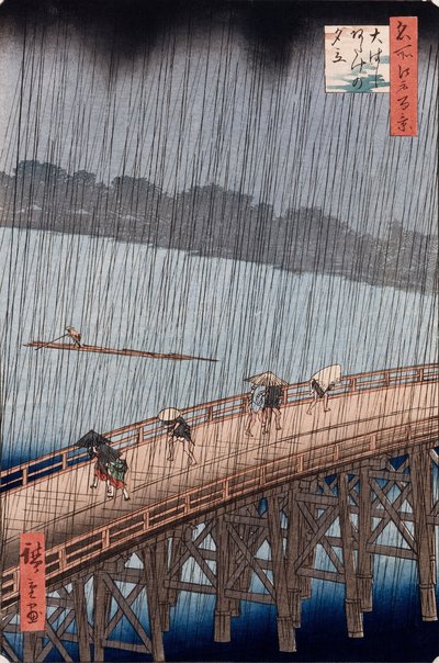 Ohashi, Sudden Shower at Atakessa, sarjasta "Sata näkymää kuuluisista paikoista Edossa" tekijältä Ando or Utagawa Hiroshige