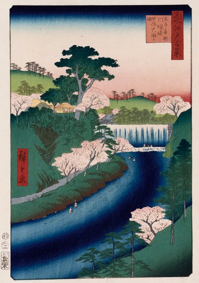 Otonashi-joen pato, Oji, jota kutsutaan nimellä Great Waterfall, sarjasta "Sata näkymää kuuluisista paikoista Edossa" tekijältä Ando or Utagawa Hiroshige