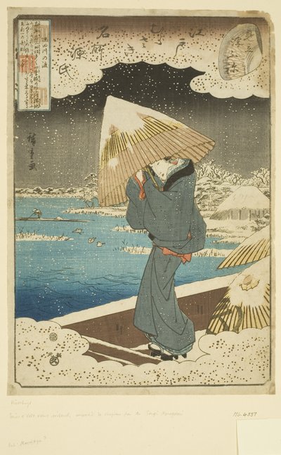 Parodia Ukifune-luvusta: Lautta Sumida-joella (värillinen puupalikkaprintti) tekijältä Ando or Utagawa Hiroshige