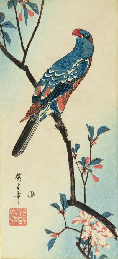 Papukaija oksalla (puukiviprintti) tekijältä Ando or Utagawa Hiroshige