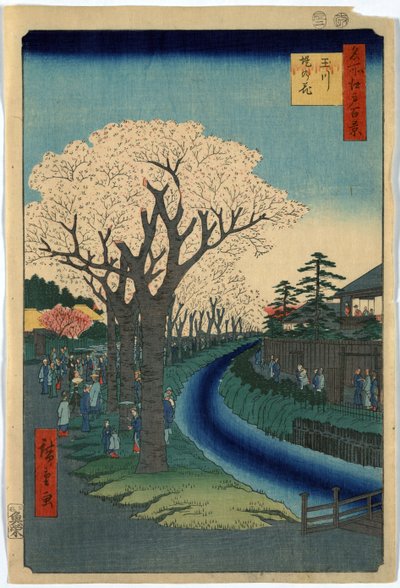 Printti näyttää nähtävyyksien katsojia katselemassa kirsikankukkia Tama-joen rannalla Edossa, Ando Hiroshigen puupiirros. tekijältä Ando or Utagawa Hiroshige