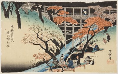 Red Maple Trees at Ts?tenky? Silta (Ts?tenky? no momiji) (värillinen puupainatus) tekijältä Ando or Utagawa Hiroshige