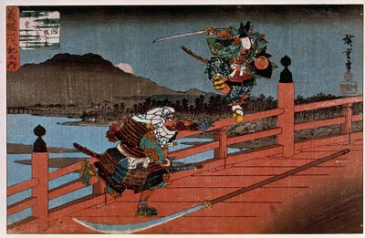 Samurai-taistelun japanilainen printti Hiroshige Utagawan (1797-1858). 1800-luvulla. Pariisi, Guimetin museo, Aasian taiteen kansallinen museo tekijältä Ando or Utagawa Hiroshige