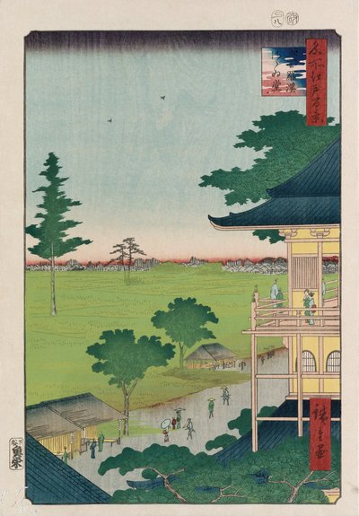 Sazai Hall, Five Hundred Raken [Temppeli], sarjasta "Sata näkymää kuuluisista paikoista Edossa" tekijältä Ando or Utagawa Hiroshige
