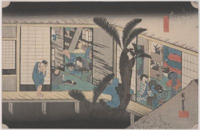 Kohtaus majatalossa tekijältä Ando or Utagawa Hiroshige