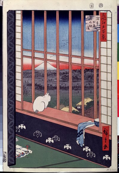 Sarja "Edon sata kuuluisaa näkymää"": "Asakusan riisipellot kukkofestivaalin aikana, kissa istuu ikkunalaudalla"" (Kissa istuu ikkunapenkillä) Print Utagawa Hiroshige (1797-1858) ) 1800-luvun Pushkin-museo Moskova tekijältä Ando or Utagawa Hiroshige