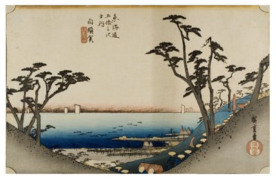 Shirasuka: Tokaidon viidenkymmenen kolmen aseman sarjaan kuuluva näkymä Shiomizakasta, n. 1831-1834 (puupiirros paperille). tekijältä Ando or Utagawa Hiroshige