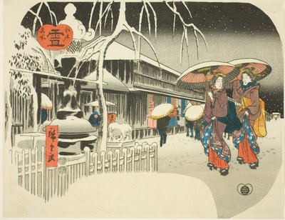 Snow (Yuki), sarjasta "Famous Places of Edo, n. 1849-52 (värillinen puupalikkaprintti; uchiwa-e) tekijältä Ando or Utagawa Hiroshige