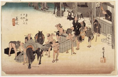 Station 23, Fujieda (värillinen puupainatus, kynä, muste, kynä) tekijältä Ando or Utagawa Hiroshige