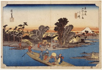 Station 3, Kawasaki (puupainatus, lyijykynä) tekijältä Ando or Utagawa Hiroshige