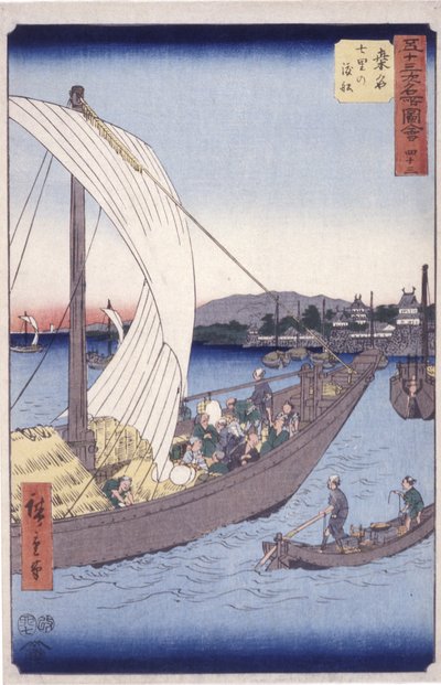 Station 43, Kuwana (värillinen puupainatus) tekijältä Ando or Utagawa Hiroshige