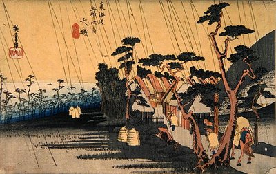 Sudden Shower, Oiso, sarjasta "Fifty-three Stations of the Tokaido Highway", n. 1833-1834 (värillinen puupainatus) tekijältä Ando or Utagawa Hiroshige