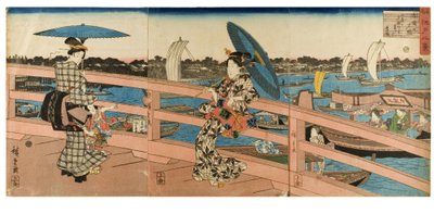 Sunset Glow at Ryogoku Bridge sarjasta Kahdeksan näkymää kuuluisista paikoista Edossa, n. 1843-1847 (puupalikka paperilla) tekijältä Ando or Utagawa Hiroshige
