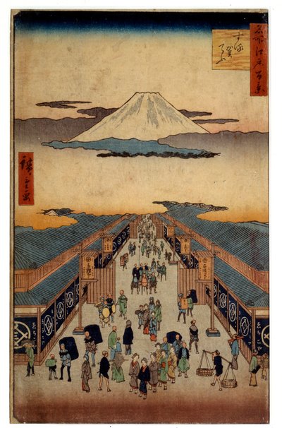 Suruga-katu. Osa sarjaa: Tokaidon 53 viestiä. Japanilainen printti Utagawa Hiroshige (1797-1858). Coll. Lähde. tekijältä Ando or Utagawa Hiroshige