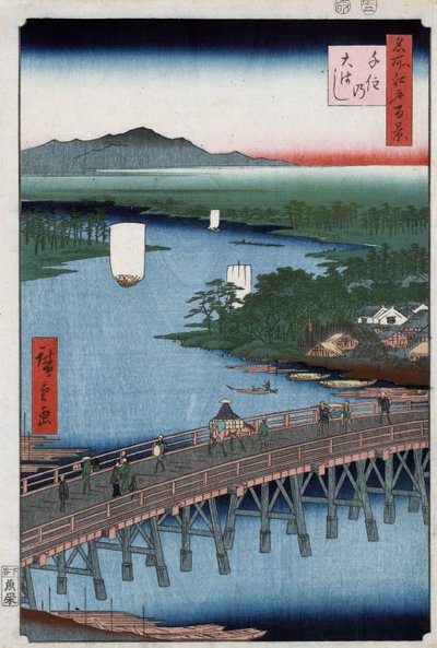 Senjun suuri silta ylittää Sumida-joen, vuoret taustalla, Ando Hiroshigen puupiirros tekijältä Ando or Utagawa Hiroshige