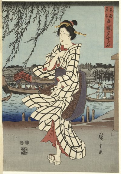 Nainen kävelemässä joen rannalla, pub.C1848 (värillinen puupainatus) tekijältä Ando or Utagawa Hiroshige