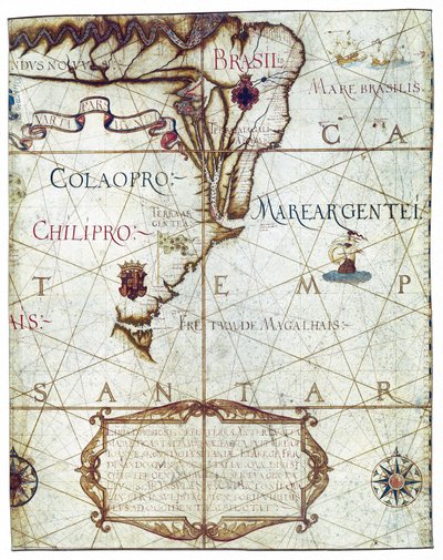 Etelä-Amerikan kartta, Universassa ja Navigabilisissa Totius Terrarum Orbis Descriptio 1559 (värikäsikirjoitus) tekijältä André Homem