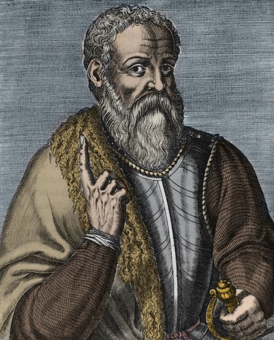 Hernando Cortez tai Cortes (1485-1547) Espanjan valloittajakaiverrus Andre Thevetin (1516-1590) mukaan - Muotokuva valloittaja Hernanista (ou Hernando) Cortes tai Fernand Cortez (1485-1547) tekijältä Andre (after) Thevet