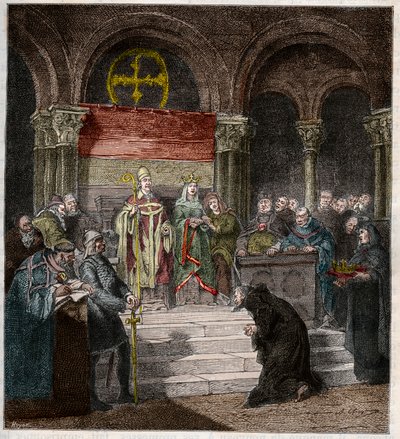 Keisari Henrik IV (1050-1106) paavi Gregorius VII:n (1020-85) jalkojen juuressa. tekijältä Andre Cluysenaar