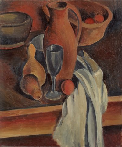 Asetelma, jossa on saviastian kannu, valkoinen lautasliina ja hedelmiä tekijältä Andre Derain