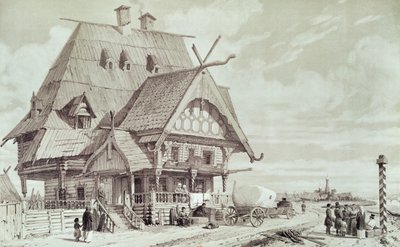 Hotellit ja majatalot, kuvitus teoksesta "Voyage pittoresque en Russie", 1839 tekijältä Andre Durand