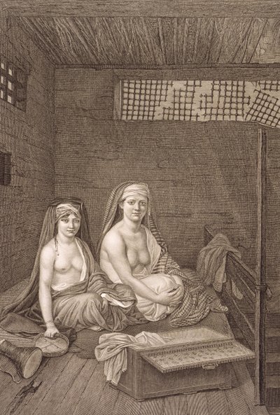 Julkiset tanssijat, niteestä II Puvut ja muotokuvat teoksesta "Egyptin kuvaus", kaiverrettu Jean Baptiste Massardin toimesta, julkaistu Napoleonin käskystä 1822. tekijältä Andre Dutertre