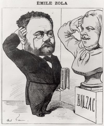 Emile Zolan (1840-1902) karikatyyri, joka tervehtii kunniakuvaa (1799-1850) 1878 tekijältä Andre Gill