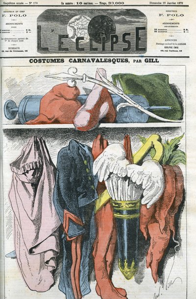 Karnevaaliasut, ampujan puku Napoleon III:lle, republikaanien lippis Duvernoisille, pyövelipuku Bismarckille... Kansi teoksesta "" L