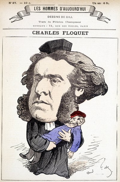 Sarjakuva Charles Floquet (1828-1896), lakimies ja neuvoston puheenjohtaja vuosina 1888-1889. Hän haavoitti kenraali Boulangerin kaksintaistelussa, jonka ideoita hän taisteli. Gillin piirustus teoksessa "Nykyajan miehet". tekijältä Andre Gill