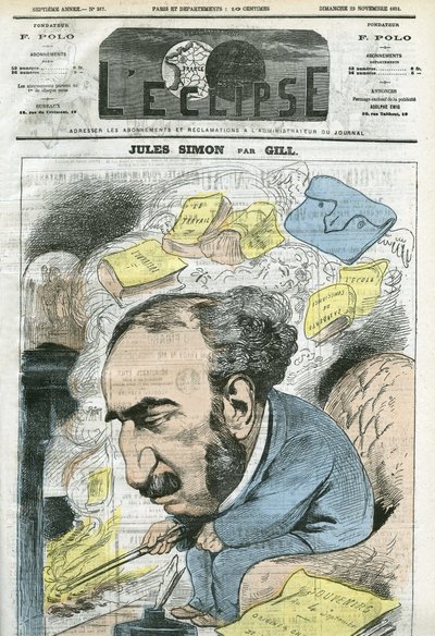 Sarjakuva Jules Simonilta (1814-1896), poliitikko, filosofian historioitsija, filosofi, ranskalainen esseisti. Kansi "" L
