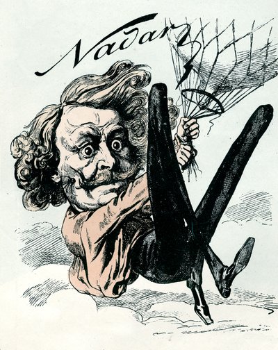 Sarjakuva Felix Nadarista, ilmakuvan pioneerista vuonna 1858, täällä roikkuu ilmapallostaan (kaiverrus) tekijältä Andre Gill