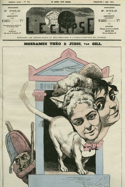 Sarjakuva naiset Louise Theosta ja Anna Judicista, laulajista säveltäjä Jacques Offenbachin (1819-1880) näytelmässä. Kansi "" L