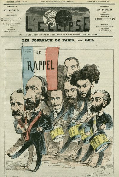 Pariisin sanomalehtien sarjakuva Republiquen ””kutsuminen”” mukana Paul Meurice (1818-1905), Auguste Vacquerie (1819-1895), Gaulier, Blum, Lefevre, D