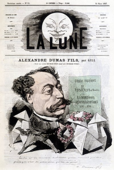 Gillin sarjakuvapiirros Alexandre Dumas Filsistä. Kansi "" La Lune"" 24.3.1867. tekijältä Andre Gill