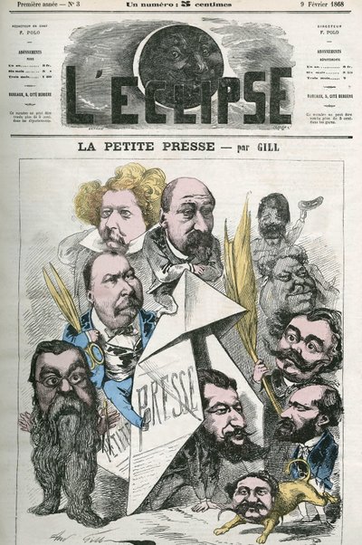 "La Petite Pressen" luominen, mukana Jannin, Delsaux, Hermant, Hemery, De Balathier, Bragelonne, Dumas, Ponson du Terrail, Jean du Boys, Revillon ja Coste. Kansi "" The Eclipse", kirjoittaja Gill, 9. helmikuuta tekijältä Andre Gill