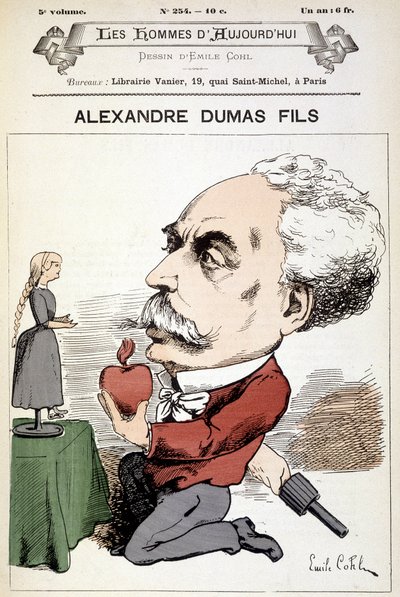 Humoristinen piirustus Alexandre Dumas Filsistä. Kansi ""Men of Today", sd. 1800-luvulla. tekijältä Andre Gill