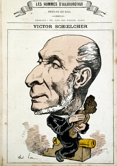 Humoristinen piirustus Victor Schoelcherista ja orjuuden lakkauttamisesta – Gill, teoksessa The Men of Today” tekijältä Andre Gill
